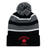 The EMB Augusta Nations of Rugby Canada Hooped Pom-Pom Beanie features black, grey, and white stripes, a red maple leaf, and "Canada Rugby" on the front cuff—ideal for Canadian rugby fans.