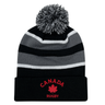 The EMB Augusta Nations of Rugby Canada Hooped Pom-Pom Beanie features black, grey, and white stripes, a red maple leaf, and "Canada Rugby" on the front cuff—ideal for Canadian rugby fans.