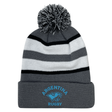The EMB Augusta Nations of Rugby Argentina Hooped Pom-Pom Beanie features gray, black, and white stripes, “Argentina Rugby” text, and a puma logo on the brim—ideal for any rugby supporter’s collection.