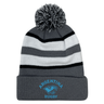 The EMB Augusta Nations of Rugby Argentina Hooped Pom-Pom Beanie features gray, black, and white stripes, “Argentina Rugby” text, and a puma logo on the brim—ideal for any rugby supporter’s collection.