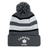 The EMB Augusta Nations of Rugby Canada Hooped Pom-Pom Beanie features gray, black, and white stripes with "Canada Rugby" and a maple leaf on the front cuff—ideal for Canadian rugby fans.
