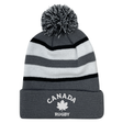 The EMB Augusta Nations of Rugby Canada Hooped Pom-Pom Beanie features gray, black, and white stripes with "Canada Rugby" and a maple leaf on the front cuff—ideal for Canadian rugby fans.