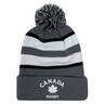 The EMB Augusta Nations of Rugby Canada Hooped Pom-Pom Beanie features gray, black, and white stripes with "Canada Rugby" and a maple leaf on the front cuff—ideal for Canadian rugby fans.