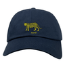 Nations of Rugby Argentina Vintage Dad Cap in navy blue, featuring a yellow leopard graphic and the year 1910 embroidered on the front, by EMB Alpha Broder.