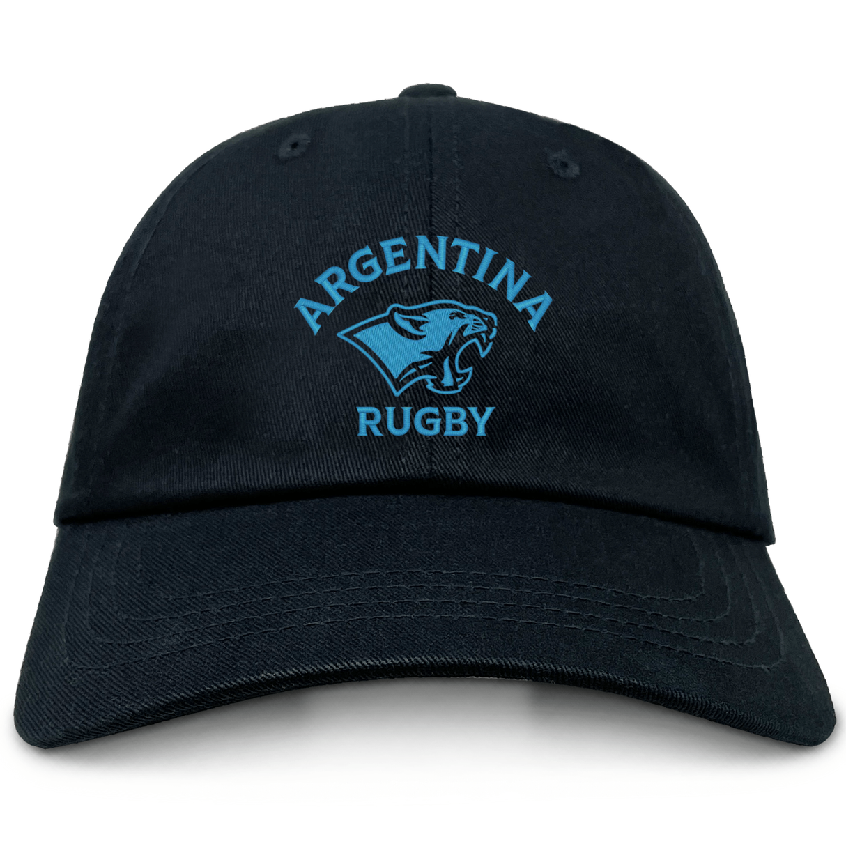 The EMB S&S Activewear Nations of Rugby Argentina Dad Cap is a black cotton twill hat featuring "Argentina Rugby" and a light blue jaguar logo embroidered on the front—ideal for rugby fans.