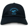 The EMB S&S Activewear Nations of Rugby Argentina Dad Cap is a black cotton twill hat featuring "Argentina Rugby" and a light blue jaguar logo embroidered on the front—ideal for rugby fans.