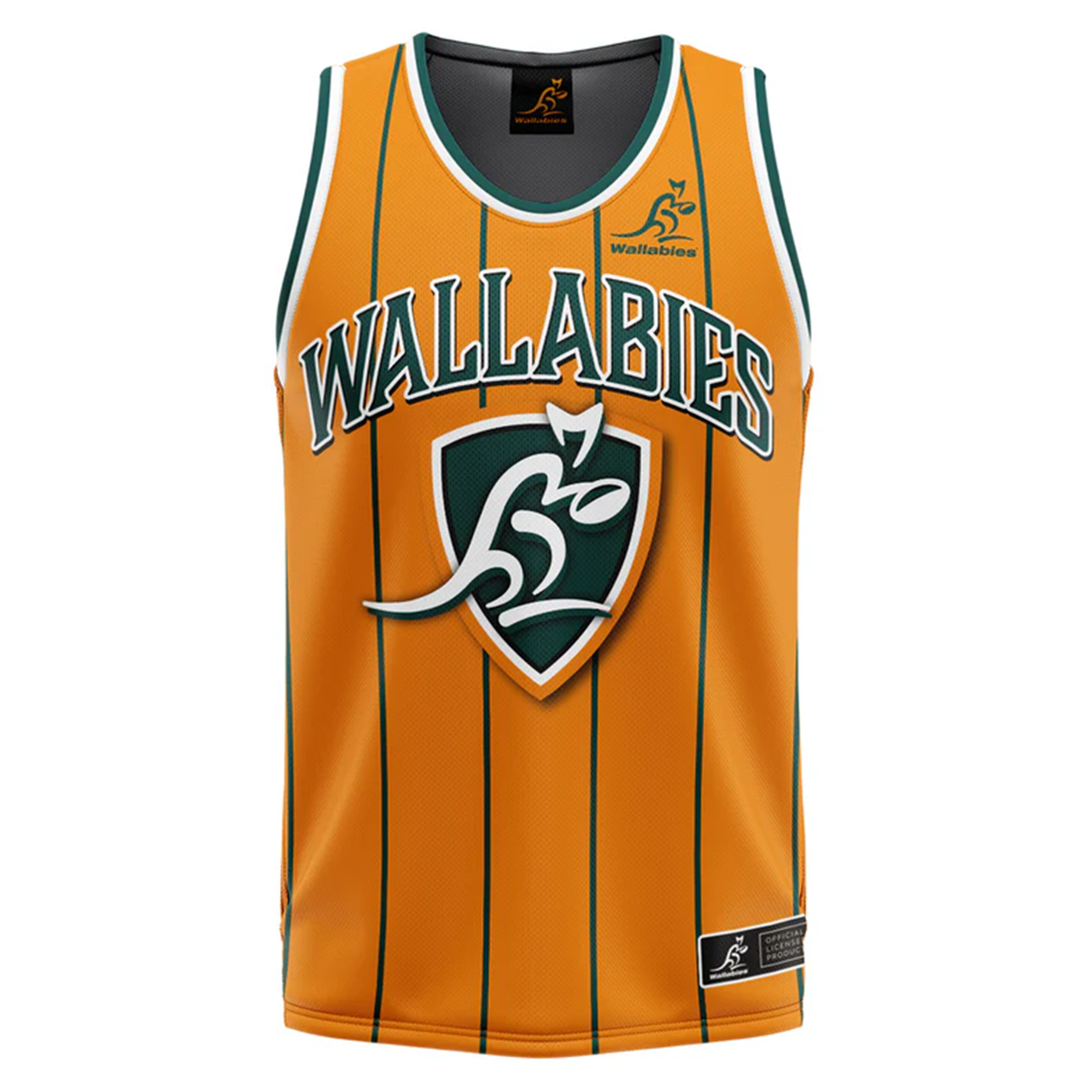 The Ashtabula Wallabies "Harlem" Basketball Singlet is a sleeveless orange top with green vertical stripes, featuring "Wallabies" and a stylized kangaroo logo on the front.