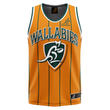 The Ashtabula Wallabies "Harlem" Basketball Singlet is a sleeveless orange top with green vertical stripes, featuring "Wallabies" and a stylized kangaroo logo on the front.
