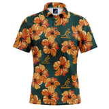 The Wallabies "Aloha" Golf Polo by Ashtabula features a green base with orange hibiscus flowers and Wallabies logos, blending party shirt style with performance fabric for comfort on and off the course.