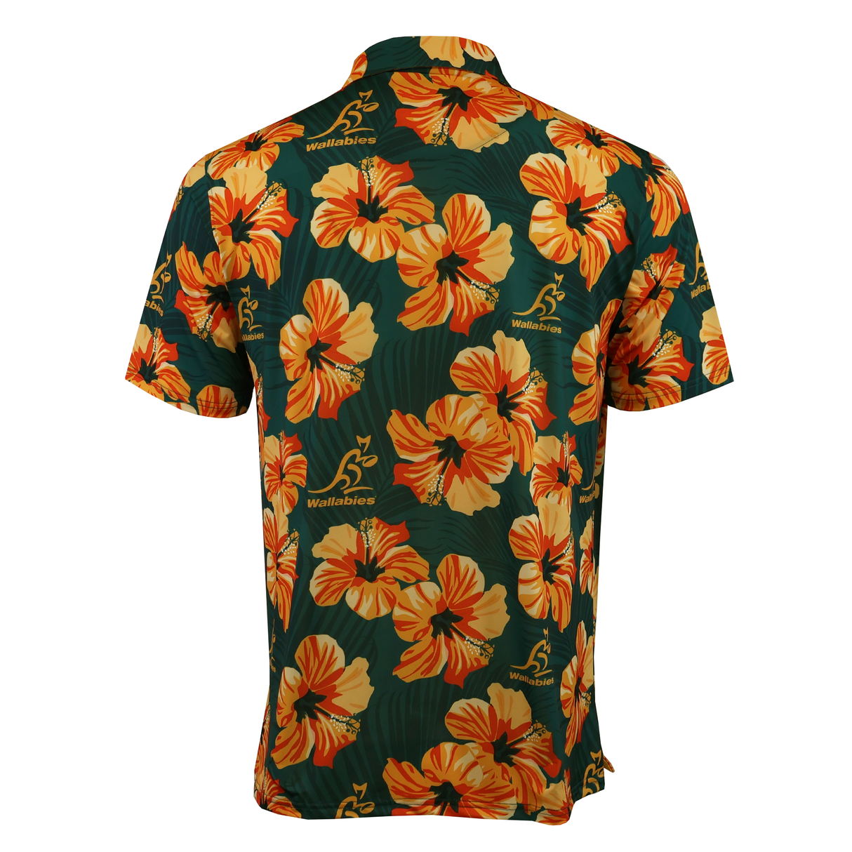 The Wallabies "Aloha" Golf Polo by Ashtabula features orange and yellow hibiscus flowers and Wallabies logos on dark green, made from multi-stretch performance fabric. Back view shown.