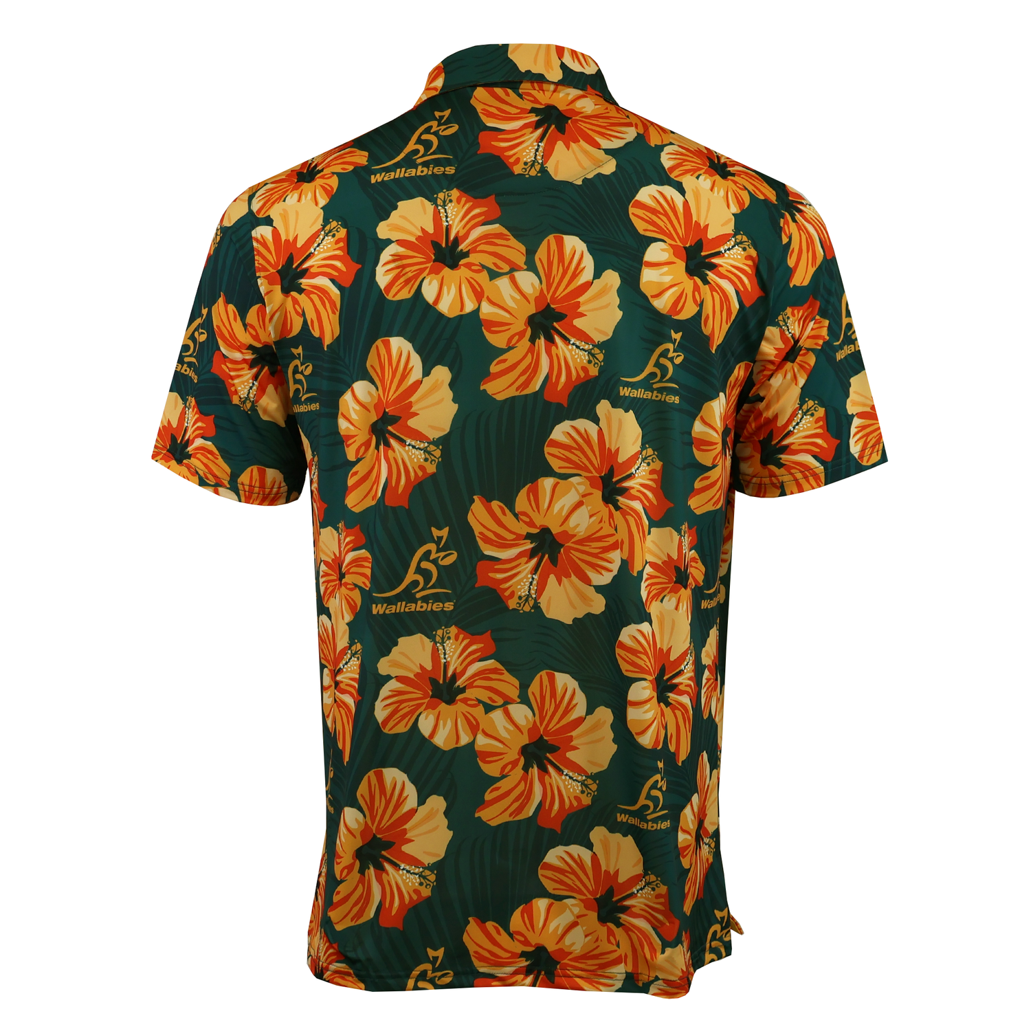 The Wallabies "Aloha" Golf Polo by Ashtabula features orange and yellow hibiscus flowers and Wallabies logos on dark green, made from multi-stretch performance fabric. Back view shown.