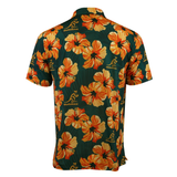 The Wallabies "Aloha" Golf Polo by Ashtabula features orange and yellow hibiscus flowers and Wallabies logos on dark green, made from multi-stretch performance fabric. Back view shown.
