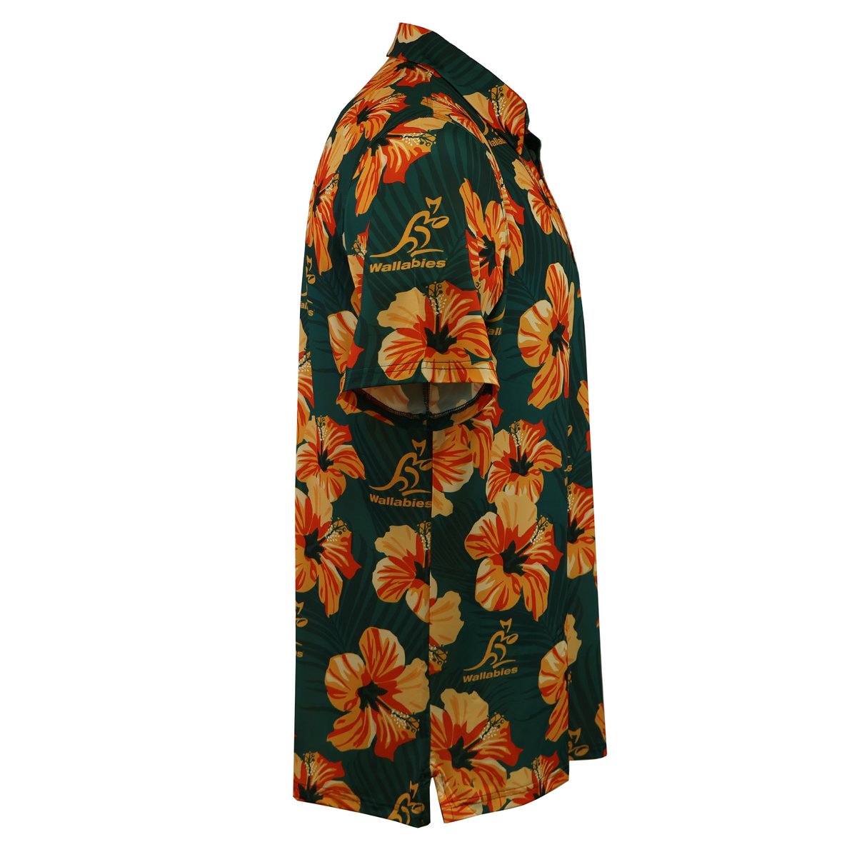 The Wallabies "Aloha" Golf Polo by Ashtabula features a green base with orange and yellow hibiscus floral print, Wallabies logos, and is made from multi-stretch performance fabric. Shown here from a side view.