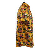 Celebrate the British & Irish Lions tour in style with the Wallabies "Skipper" Hawaiian Shirt by Ashtabula—a yellow short-sleeve shirt featuring cartoon wallabies, tropical leaves, and pink flowers, shown from the side.