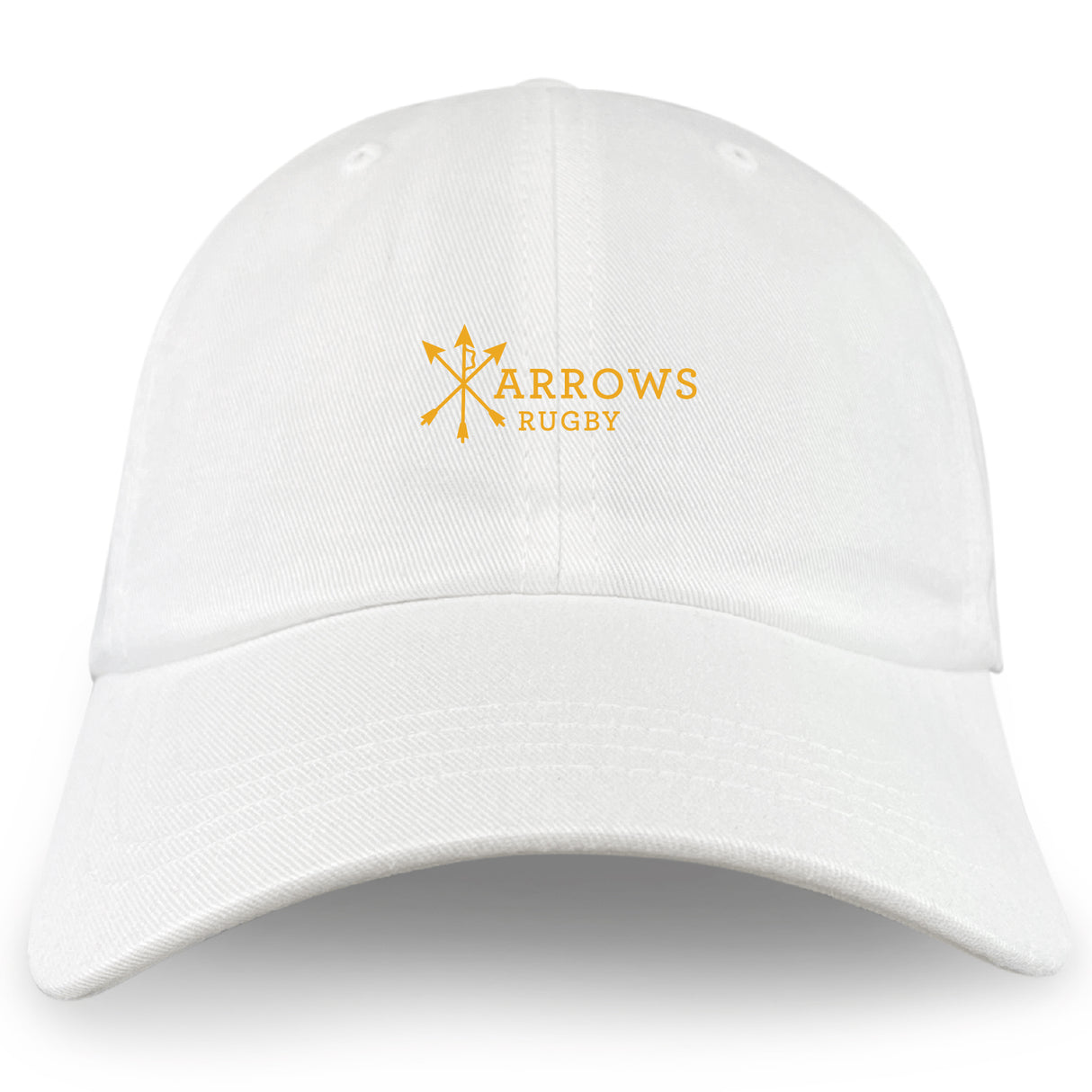 The Arrows Rugby Club Adult Low-Profile Cotton Twill Dad Cap by EMB S&S Activewear features a yellow three-crossed-arrows logo embroidered on white—ideal for any fan.