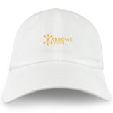 The Arrows Rugby Club Adult Low-Profile Cotton Twill Dad Cap by EMB S&S Activewear features a yellow three-crossed-arrows logo embroidered on white—ideal for any fan.