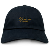 The EMB S&S Activewear Arrows Rugby Club Adult Low-Profile Cotton Twill Dad Cap features a black design with a yellow "Arrows Rugby" logo and three crossed arrows, combining team spirit with comfort and style.