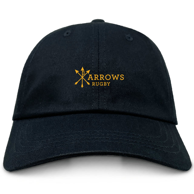 The EMB S&S Activewear Arrows Rugby Club Adult Low-Profile Cotton Twill Dad Cap features a black design with a yellow "Arrows Rugby" logo and three crossed arrows, combining team spirit with comfort and style.