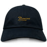 The EMB S&S Activewear Arrows Rugby Club Adult Low-Profile Cotton Twill Dad Cap features a black design with a yellow "Arrows Rugby" logo and three crossed arrows, combining team spirit with comfort and style.
