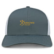 The Arrows Rugby Club Retro Trucker Cap by EMB S&S Activewear features a gray and white design, bold yellow "Arrows Rugby" with three crossed arrows embroidery on the front, and an adjustable snapback closure for a perfect fit.