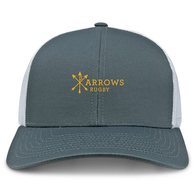 The Arrows Rugby Club Retro Trucker Cap by EMB S&S Activewear features a gray and white design, bold yellow "Arrows Rugby" with three crossed arrows embroidery on the front, and an adjustable snapback closure for a perfect fit.