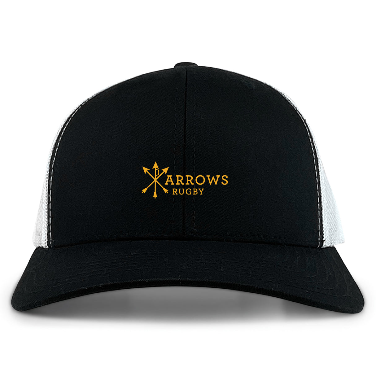 The EMB S&S Activewear Arrows Rugby Club Retro Trucker Cap features a black and white design, yellow "Arrows Rugby" logo with crossed arrows on the front, and an adjustable snapback closure for a custom fit.