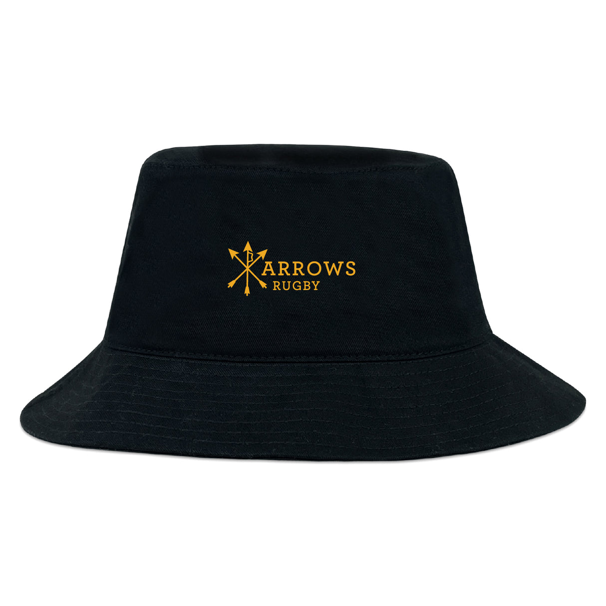 The EMB S&S Activewear Arrows Rugby Club Crusher Bucket Cap is a black cotton twill hat featuring a yellow "Arrows Rugby" logo with crossed arrows, combining classic style and sun protection in a sporty design.