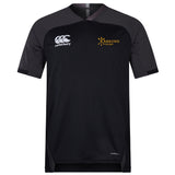The Arrows Rugby Club Vapodri Evader Jersey by EMB Canterbury features black and dark gray colors, "Arrows Rugby" logo with star on the right chest, and Canterbury logo on the left. Moisture-wicking for top performance and style.