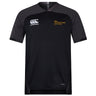 The Arrows Rugby Club Vapodri Evader Jersey by EMB Canterbury features black and dark gray colors, "Arrows Rugby" logo with star on the right chest, and Canterbury logo on the left. Moisture-wicking for top performance and style.