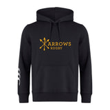 The Arrows Rugby Club Club Hoodie by WRS Canterbury is a black custom rugby hoodie with a yellow "Arrows Rugby" logo and crossed arrows on the chest plus a white design on the right sleeve—ideal as a team sweatshirt for any rugby club.