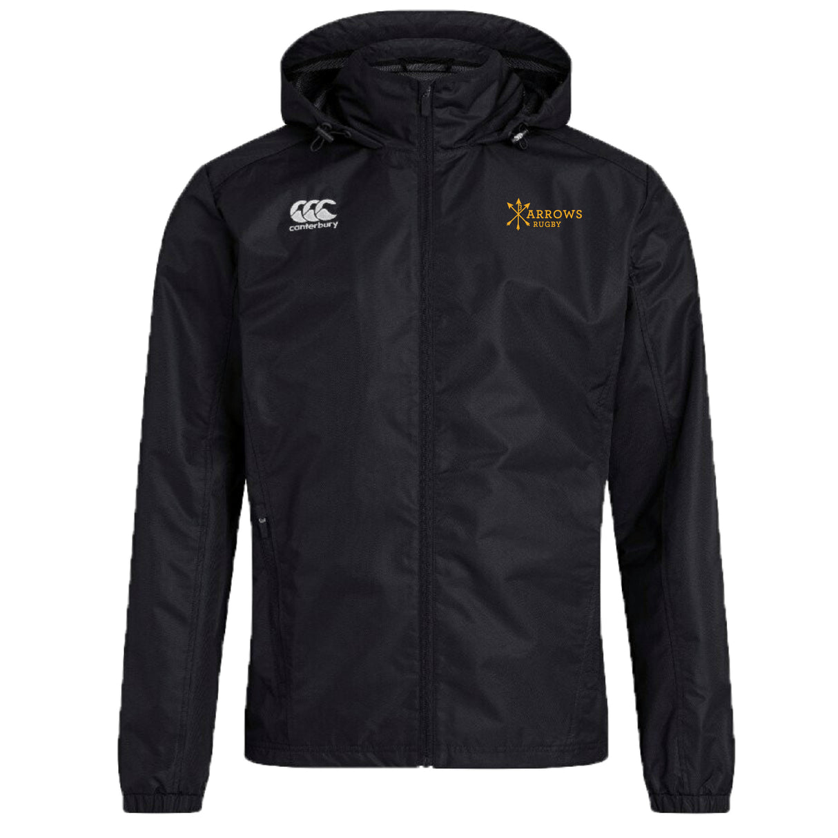 The Arrows Rugby Club Vaposhield Stadium Jacket by EMB Canterbury is a black, hooded zip-up with padded insulation, featuring a white Canterbury logo on the right chest and an Arrows Rugby logo on the left.
