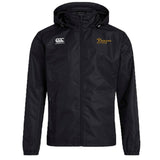 The Arrows Rugby Club Vaposhield Stadium Jacket by EMB Canterbury is a black, hooded zip-up with padded insulation, featuring a white Canterbury logo on the right chest and an Arrows Rugby logo on the left.