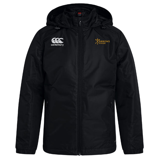 The Arrows Rugby Club Vaposhield Full Zip Rain Jacket by EMB Canterbury features water-resistant VapoShield tech, a Canterbury logo on the right chest, a gold Arrows Rugby logo on the left chest, front zipper, and long sleeves.