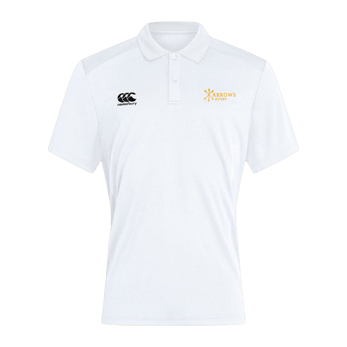 The Arrows Rugby Club Club Dry Polo by EMB Canterbury is a white short-sleeve polo with Vapodri technology, featuring a black Canterbury logo on the left chest and a yellow "Arrows Rugby" logo on the right.