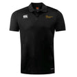 The Arrows Rugby Club Club Dry Polo by EMB Canterbury is a black short-sleeve polo with a collar, featuring white Canterbury and gold Arrows Rugby chest logos. Made with Vapodri Technology for breathability and comfort.