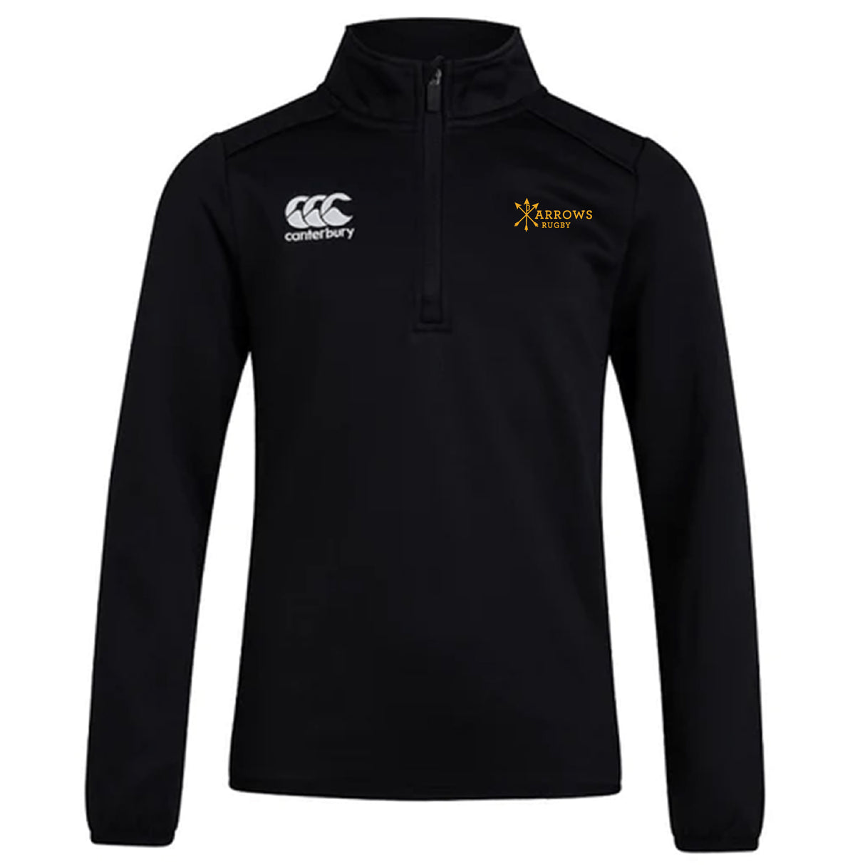 The Arrows Rugby Club Track Jacket by EMB Canterbury is a black, lightweight quarter-zip pullover with Canterbury and Arrows Rugby logos—perfect for stylish comfort as a club track jacket.