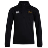 The Arrows Rugby Club Track Jacket by EMB Canterbury is a black, lightweight quarter-zip pullover with Canterbury and Arrows Rugby logos—perfect for stylish comfort as a club track jacket.