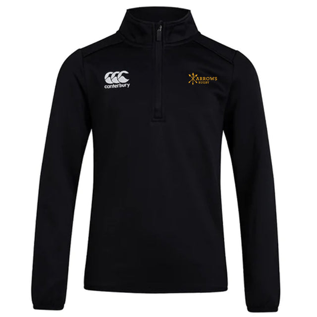 The Arrows Rugby Club Track Jacket by EMB Canterbury is a black, lightweight quarter-zip pullover with Canterbury and Arrows Rugby logos—perfect for stylish comfort as a club track jacket.