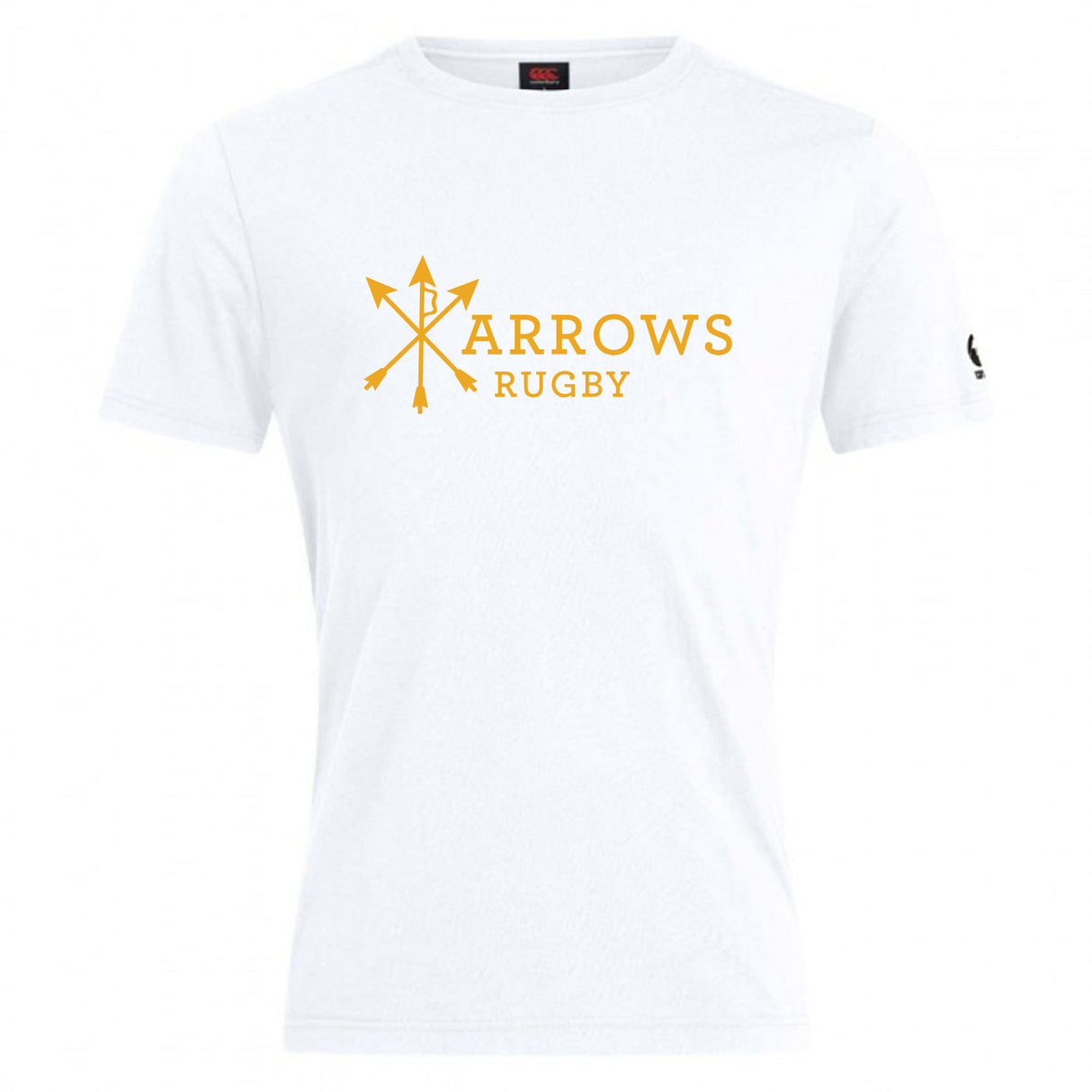 The Arrows Rugby Club Club Plain Tee by WRS Canterbury is a white cotton blend shirt with a yellow "Arrows Rugby" logo of three crossed arrows on the chest and a small black logo on the left sleeve.