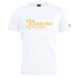 The Arrows Rugby Club Club Plain Tee by WRS Canterbury is a white cotton blend shirt with a yellow "Arrows Rugby" logo of three crossed arrows on the chest and a small black logo on the left sleeve.