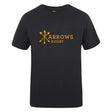 The WRS Canterbury Arrows Rugby Club Plain Tee by Canterbury is a black cotton blend t-shirt featuring a yellow "Arrows Rugby" logo with three crossed arrows, ideal for fans seeking comfort and customization.