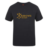 The WRS Canterbury Arrows Rugby Club Plain Tee by Canterbury is a black cotton blend t-shirt featuring a yellow "Arrows Rugby" logo with three crossed arrows, ideal for fans seeking comfort and customization.