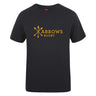 The WRS Canterbury Arrows Rugby Club Plain Tee by Canterbury is a black cotton blend t-shirt featuring a yellow "Arrows Rugby" logo with three crossed arrows, ideal for fans seeking comfort and customization.