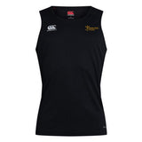 The EMB Canterbury Arrows Rugby Club Club Dry Singlet is a sleeveless black athletic top with "Arrows Rugby," a small arrow graphic on the left chest, and two Canterbury logos—ideal for performance-focused training.