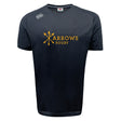 The Arrows Rugby Club Tempo Vapodri T-Shirt by WRS Canterbury is a navy blue rugby tee with "Arrows Rugby" and crossed arrows in yellow on the front, a white Canterbury logo on the right shoulder, and advanced moisture-wicking comfort.
