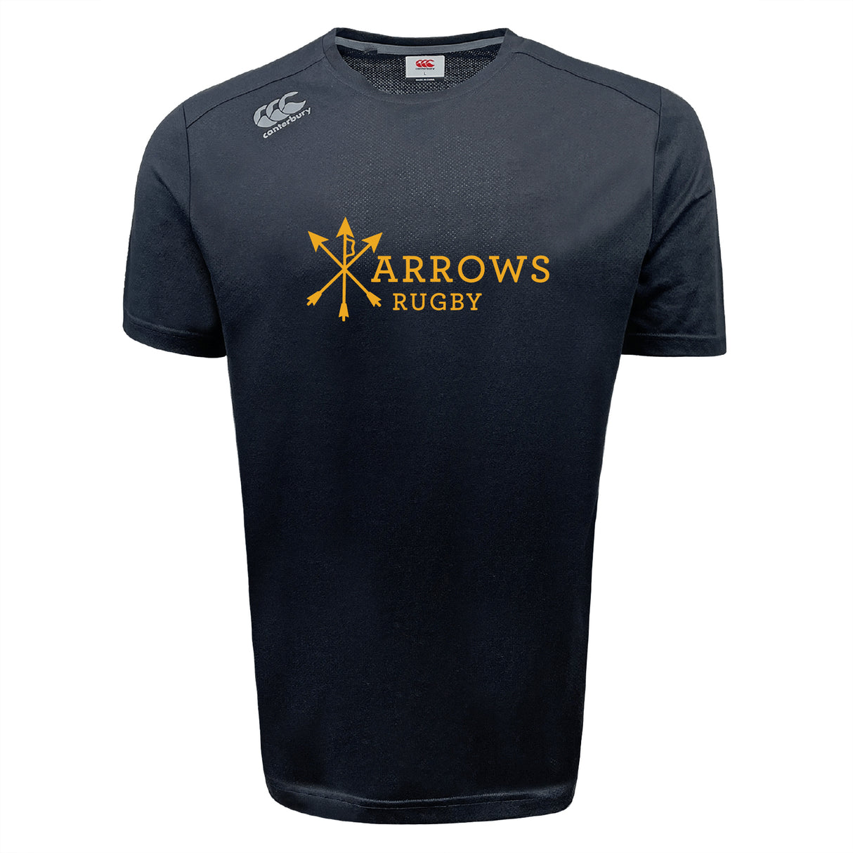 The Arrows Rugby Club Tempo Vapodri T-Shirt by WRS Canterbury is a navy blue rugby tee with "Arrows Rugby" and crossed arrows in yellow on the front, a white Canterbury logo on the right shoulder, and advanced moisture-wicking comfort.