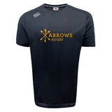The Arrows Rugby Club Tempo Vapodri T-Shirt by WRS Canterbury is a navy blue rugby tee with "Arrows Rugby" and crossed arrows in yellow on the front, a white Canterbury logo on the right shoulder, and advanced moisture-wicking comfort.
