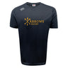 The Arrows Rugby Club Tempo Vapodri T-Shirt by WRS Canterbury is a navy blue rugby tee with "Arrows Rugby" and crossed arrows in yellow on the front, a white Canterbury logo on the right shoulder, and advanced moisture-wicking comfort.