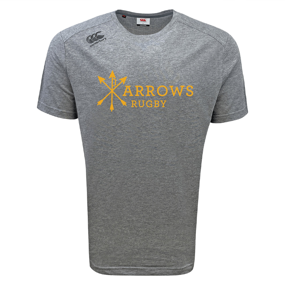 The WRS Canterbury Arrows Rugby Club Tempo Vapodri T-Shirt is a heather grey, moisture-wicking tee with "Arrows Rugby" and four yellow crossed arrows on the front plus a small right shoulder logo, keeping you cool and comfortable all day.