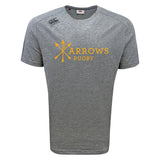 The WRS Canterbury Arrows Rugby Club Tempo Vapodri T-Shirt is a heather grey, moisture-wicking tee with "Arrows Rugby" and four yellow crossed arrows on the front plus a small right shoulder logo, keeping you cool and comfortable all day.